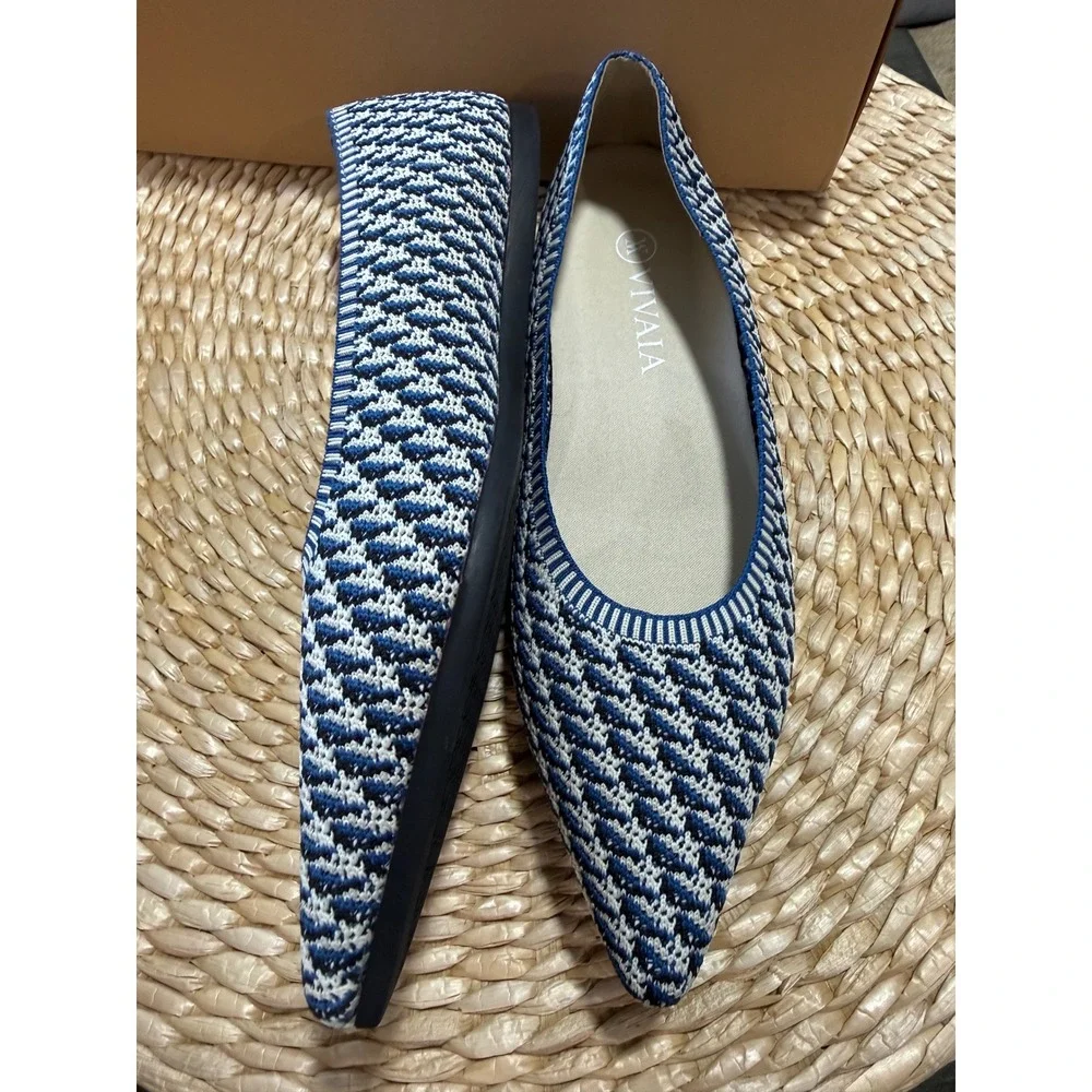 VIVAIA Pointed-Toe Knit Ballet Flats Blue & White Comfortable Chic‎ Shoes 9.5